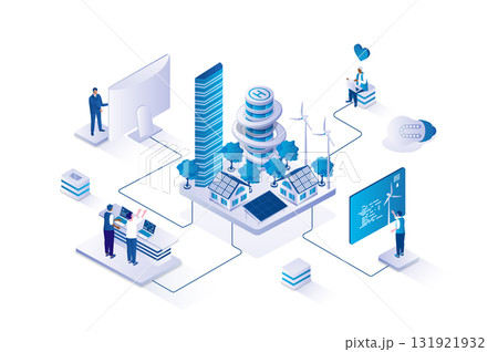 Green city 3d isometric concept with isometry people design for web. People using renewable energy from wind turbines and solar panels, living in environmental sustainable town. Vector illustration. Green city 3d isometric concept with isometry people design for web. People using renewable energy from wind turbines and solar panels, living in environmental sustainable town. Vector illustration. 131921932