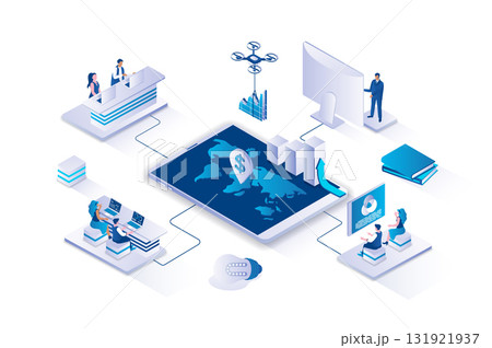 Global business strategy 3d isometric concept with isometry people design for web. Employees working in global company, analyzing, planning and managing international branches. Vector illustration. 131921937