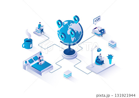 Freelance 3d isometric concept with isometry people design for web. People working on laptop remotely in outsource, doing work tasks and connecting online from home office. Vector illustration. 131921944