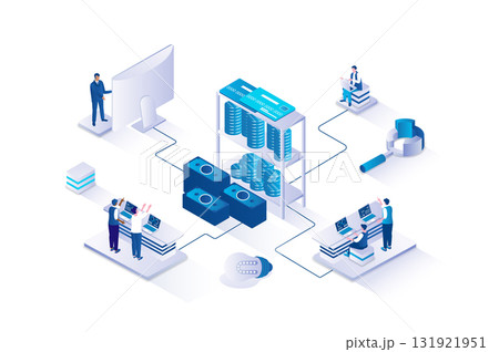 Financial management 3d isometric concept with isometry people design for web. People analyzing finance and accounting balance, creating strategy to increase income and saves. Vector illustration. 131921951