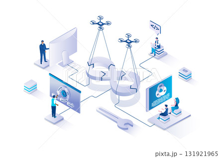 DevOps 3d isometric concept with isometry people design for web. People working with programming and management system, using job integration practice and agile cycles in project. Vector illustration. 131921965