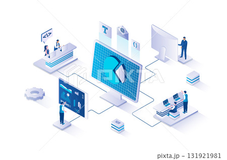 Cyberspace management 3d isometric concept with isometry people design for web. People uploading digital files, processing, storing and sharing data using cloud technology. Vector illustration. Cyberspace management 3d isometric concept with isometry people design for web. People uploading digital files, processing, storing and sharing data using cloud technology. Vector illustration. 131921981