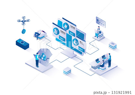 Cryptocurrency marketplace 3d isometric concept with isometry people design for web. Users making virtual financial transactions, buying or selling bitcoins, investing money. Vector illustration. Cryptocurrency marketplace 3d isometric concept with isometry people design for web. Users making virtual financial transactions, buying or selling bitcoins, investing money. Vector illustration. 131921991