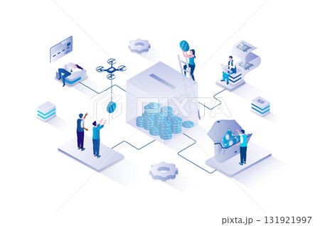 Crowdfunding 3d isometric concept with isometry people design for web. Sponsors making collective donation for fundraising at business project, supporting startup with investment. Vector illustration. 131921997