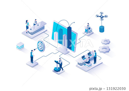 Business growth 3d isometric concept with isometry people design for web. Team doing financial audit with up progress trend, researching market and analysing company data. Vector illustration. Business growth 3d isometric concept with isometry people design for web. Team doing financial audit with up progress trend, researching market and analysing company data. Vector illustration. 131922030