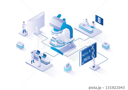 Biotechnology 3d isometric concept with isometry people design for web. Scientist team working with DNA molecule, making genetic engineering research at microscope in laboratory. Vector illustration. 131922043