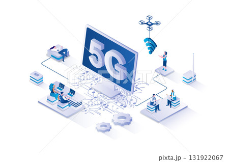 5G internet 3d isometric concept with isometry people design for web. Users with laptops using high speed wifi signal hotspot in free access zone and global network technology. Vector illustration. 131922067