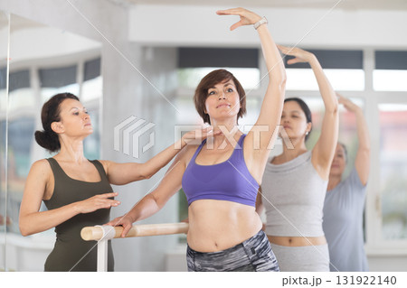 Choreographer coach teaches amateur students to keep their heads straight during ballet lesson Choreographer coach teaches amateur students to keep their heads straight during ballet lesson 131922140