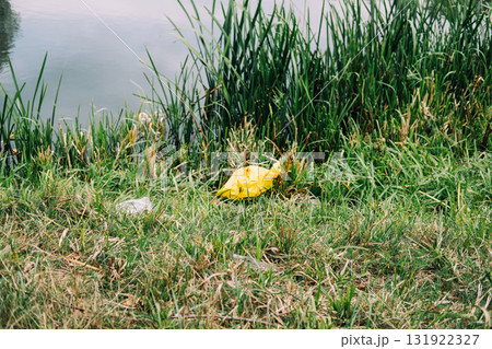 Discarded yellow plastic bag and trash on grassy riverbank near reeds. Water pollution, plastic waste, environmental neglect, human impact Discarded yellow plastic bag and trash on grassy riverbank near reeds. Water pollution, plastic waste, environmental neglect, human impact 131922327