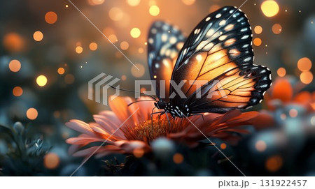 Monarch butterfly perched on orange flower with glowing bokeh background creating magical atmosphere. Nature and wildlife concept 131922457