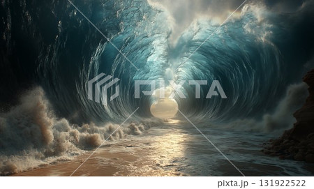 Ocean wave forming perfect tunnel, powerful nature phenomenon concept 131922522