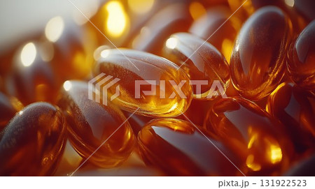 Omega-3 fish oil capsules glowing in golden light creating healthy supplement visualization for wellness and nutrition concepts 131922523