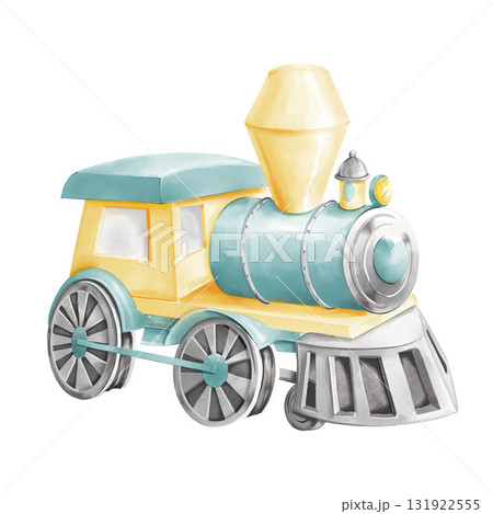 A toy steam train. Hand-painted watercolor illustration on a white background. This blue-green, and yellow toy locomotive is perfect for children's cards, educational games, stickers, web pages, and 131922555