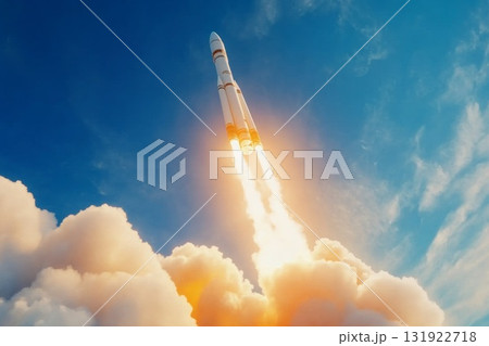Realistic rocket soaring through a vibrant cloudy sky with a dynamic trail of smoke and fire Realistic rocket soaring through a vibrant cloudy sky with a dynamic trail of smoke and fire 131922718