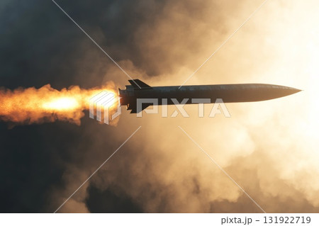 Realistic missile cutting through heavy clouds with sunlight illuminating the scene Realistic missile cutting through heavy clouds with sunlight illuminating the scene 131922719
