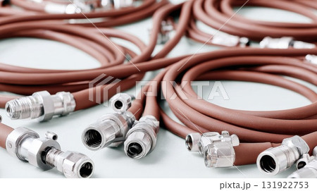 Pneumatic hoses with metal fittings arranged on a light surface showcasing industrial design elements 131922753