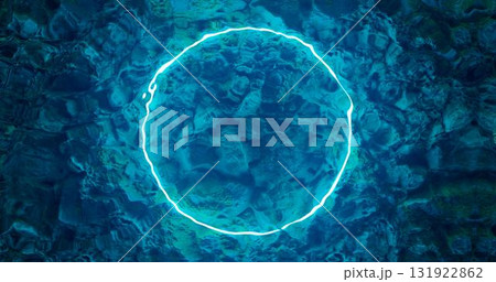 3d rendering. A surface of blue water with a stone bottom and ripples on the surface from raindrops in neon blue light illumination. 3d rendering. A surface of blue water with a stone bottom and ripples on the surface from raindrops in neon blue light illumination. 131922862