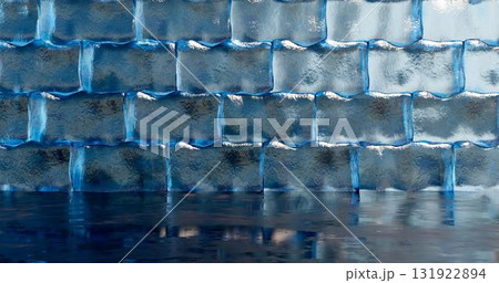 3d rendering. Large blocks of ice are lined in brickwork with neon lighting in blue light. 3d rendering. Large blocks of ice are lined in brickwork with neon lighting in blue light. 131922894