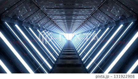 3d rendering. Corridor with neon blue lighting and bright lights at the end. Goes into the distance. 3d rendering. Corridor with neon blue lighting and bright lights at the end. Goes into the distance. 131922908
