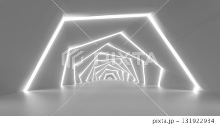 3d rendering. Marble corridor with columns stretching into the distance with neon lights on the sides. Background for your design. 131922934