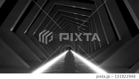 3d rendering. A marble corridor with columns stretching into the distance with neon lamps on the sides of different light. 131922948