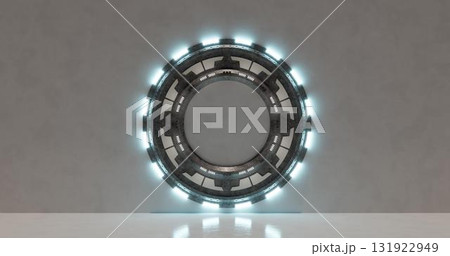 3d rendering. Abstract composition of geometric shapes in a bright room with neon lighting. A podium for your mockup. 3d rendering. Abstract composition of geometric shapes in a bright room with neon lighting. A podium for your mockup. 131922949