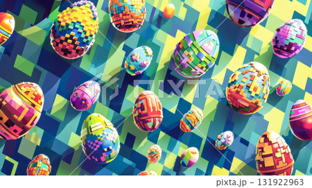 Vibrant mosaic-patterned Easter eggs floating against dynamic geometric background in bold colors. Perfect for Easter promotions, festive card designs, or playful branding with modern, digital twist Vibrant mosaic-patterned Easter eggs floating against dynamic geometric background in bold colors. Perfect for Easter promotions, festive card designs, or playful branding with modern, digital twist 131922963