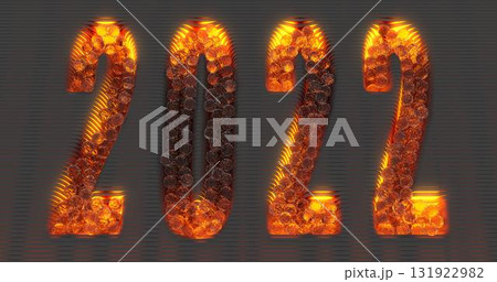 3d rendering. Embossed surface of parallel stripes with the date 2022 embossed on it. Yellow neon lighting. Glass balls scattered over the surface 3d rendering. Embossed surface of parallel stripes with the date 2022 embossed on it. Yellow neon lighting. Glass balls scattered over the surface 131922982