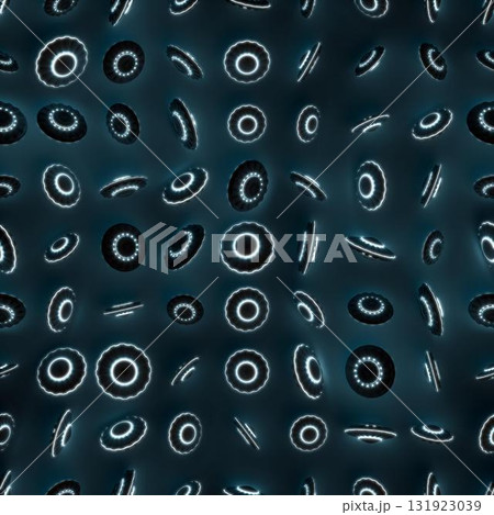 3d rendering. Seamless pattern of alien spaceships randomly scattered on a dark background in neon light. 3d rendering. Seamless pattern of alien spaceships randomly scattered on a dark background in neon light. 131923039