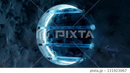 3d rendering. Round niche with shelves in the ice wall illuminated with blue light inside. 3d rendering. Round niche with shelves in the ice wall illuminated with blue light inside. 131923067