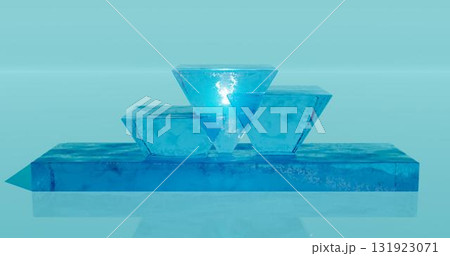 3D rendering. A podium or stand made of a solid piece of blue triangular ice on a light background in neon light. Background for the studio. 131923071