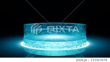 3D rendering. A podium or stand made of a solid piece of ice of a round shape in blue on a dark background in neon light. Background for the studio. 3D rendering. A podium or stand made of a solid piece of ice of a round shape in blue on a dark background in neon light. Background for the studio. 131923076