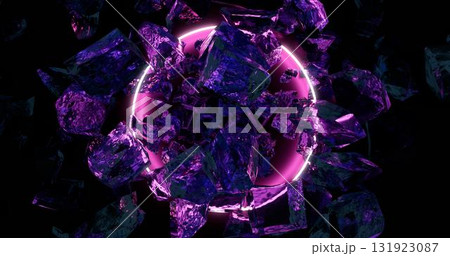 3d rendering. Chunks of ice falling down surrounded by ultraviolet neon light. Background for your design. 131923087