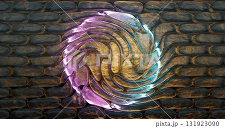 3d rendering. Wall with the texture of brickwork from ice in neon light from a round lamp. Frame for your design 131923090