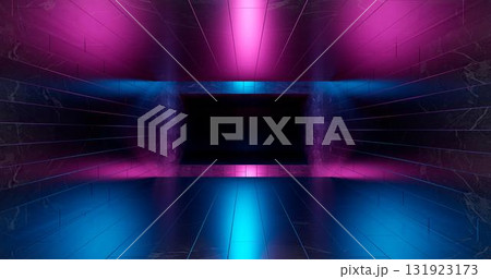 3d render. Geometric figure in neon light against a dark tunnel. Laser glow. 131923173