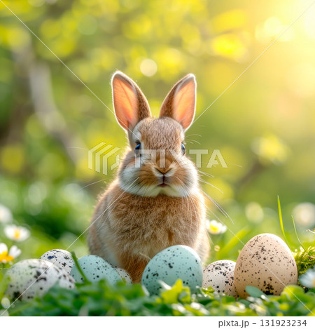 Easter Holiday. Cute bunny sitting on fresh spring grass surrounded by speckled Easter eggs, bathed in warm sunlight. Concept of Easter celebrations, renewal, and festive seasonal traditions 131923234