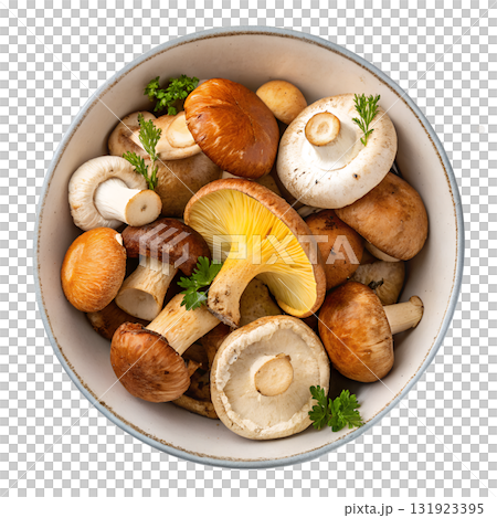 Wooden bowl filled with different forest mushrooms - porcini, chanterelles, and more, isolated on transparent background Wooden bowl filled with different forest mushrooms - porcini, chanterelles, and more, isolated on transparent background 131923395