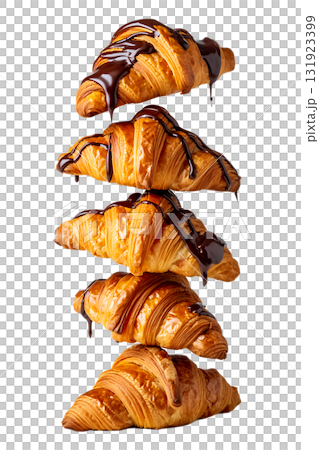 Tall stack of golden brown croissants with rich, dripping chocolate glaze, delicious pastry isolated on transparent background Tall stack of golden brown croissants with rich, dripping chocolate glaze, delicious pastry isolated on transparent background 131923399