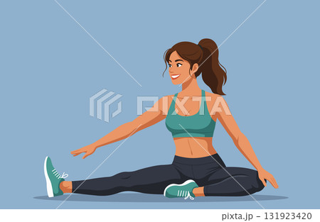 Smiling woman seated forward leg stretch 131923420