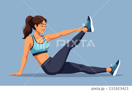 Smiling woman seated leg raise exercise 131923421