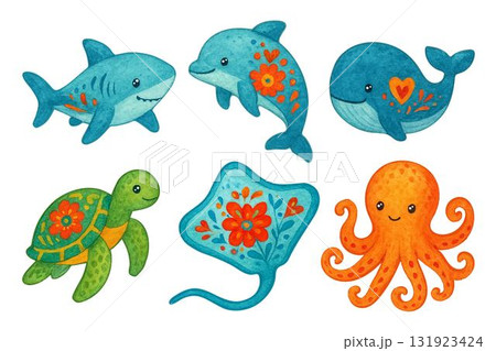 Cute watercolor nautical set, color sea creatures collection. Ocean animals clipart, colorful water fauna, traced vector. Shark, dolphin, whale, turtle, stingray, octopus with floral elements Cute watercolor nautical set, color sea creatures collection. Ocean animals clipart, colorful water fauna, traced vector. Shark, dolphin, whale, turtle, stingray, octopus with floral elements 131923424