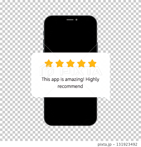 Smartphone with five golden stars displayed on the screen, 3d render of positive rating isolated on transparent background 131923492