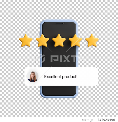 Modern smartphone isolated, screen displaying a perfect 5 star rating for e-commerce and service concepts 131923496