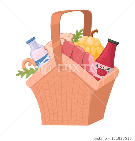 Grocery basket. Wicker basket full of food, snack hamper basket, beverage, dining, dish wicker baskets flat vector illustration. Handle picnic basket on white Grocery basket. Wicker basket full of food, snack hamper basket, beverage, dining, dish wicker baskets flat vector illustration. Handle picnic basket on white 131923510