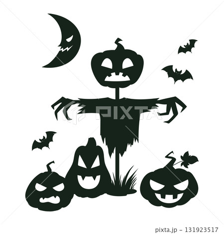 Pumpkin head scarecrow monster. Halloween garden scarecrow with carved jack-o-lanterns, spooky flat vector illustration. Cartoon scarecrow silhouette 131923517