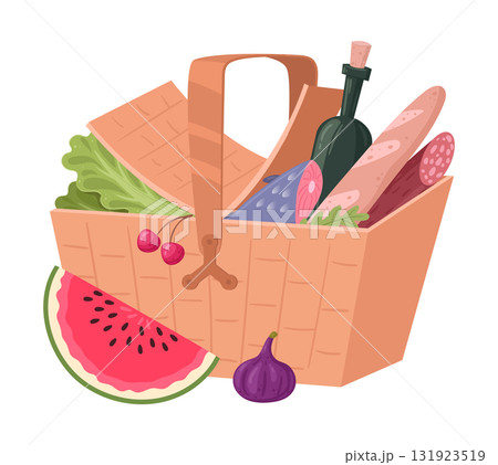 Snack hamper basket. Wicker grocery basket full of food and beverage, dining, dish wicker baskets flat vector illustration. Handle picnic basket on white 131923519