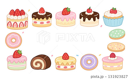 かわいいスイーツが並んだお菓子のフレームイラスト｜ケーキ,ドーナツ,クッキー,スイーツ,デザート 131923827
