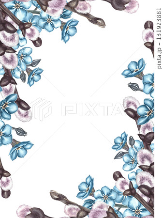 A frame of blue forget-me-not flowers and spring willow twigs. Hand-drawn watercolor illustration. For greeting cards and invitations for birthdays, anniversaries, or weddings. For packaging, labels. A frame of blue forget-me-not flowers and spring willow twigs. Hand-drawn watercolor illustration. For greeting cards and invitations for birthdays, anniversaries, or weddings. For packaging, labels. 131923881