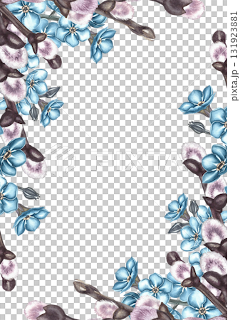 A frame of blue forget-me-not flowers and spring willow twigs. Hand-drawn watercolor illustration. For greeting cards and invitations for birthdays, anniversaries, or weddings. For packaging, labels. A frame of blue forget-me-not flowers and spring willow twigs. Hand-drawn watercolor illustration. For greeting cards and invitations for birthdays, anniversaries, or weddings. For packaging, labels. 131923881