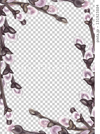 A frame with fluffy willow branches. The illustration is hand-drawn in watercolor. For making Easter greeting cards and invitations. For packaging, labels, banners, and more. A frame with fluffy willow branches. The illustration is hand-drawn in watercolor. For making Easter greeting cards and invitations. For packaging, labels, banners, and more. 131923884